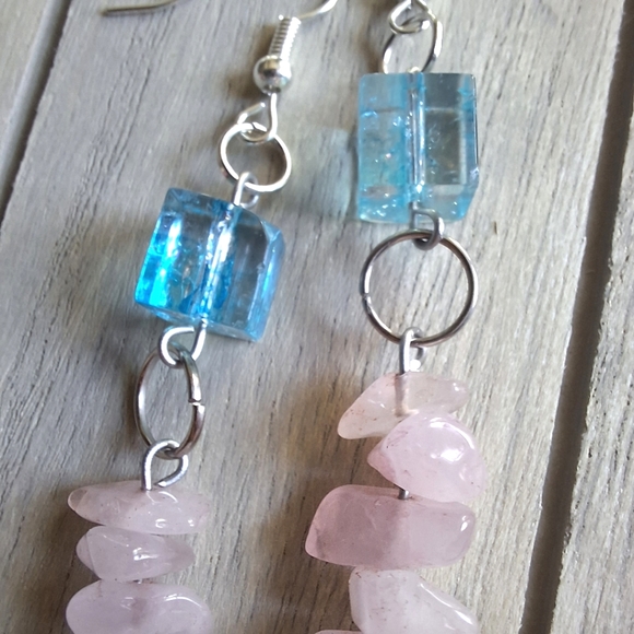 Rose Quartz Pink and Blue Silver Dangle Earrings Pastel Soft Boho Artsy Gifts - Picture 3 of 4